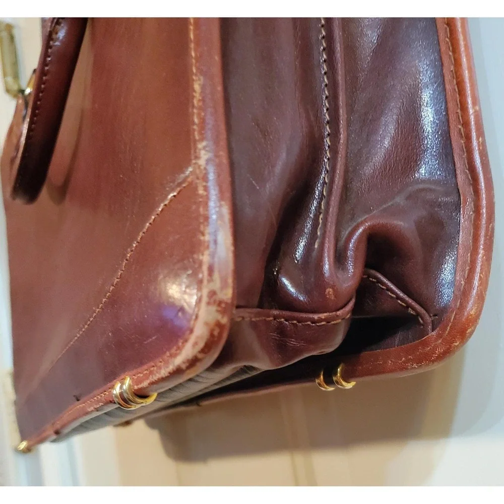Cognac Brown Leather Briefcase‎ Lap Top Case Dbl Handle Shoulder Strap Vantaggio